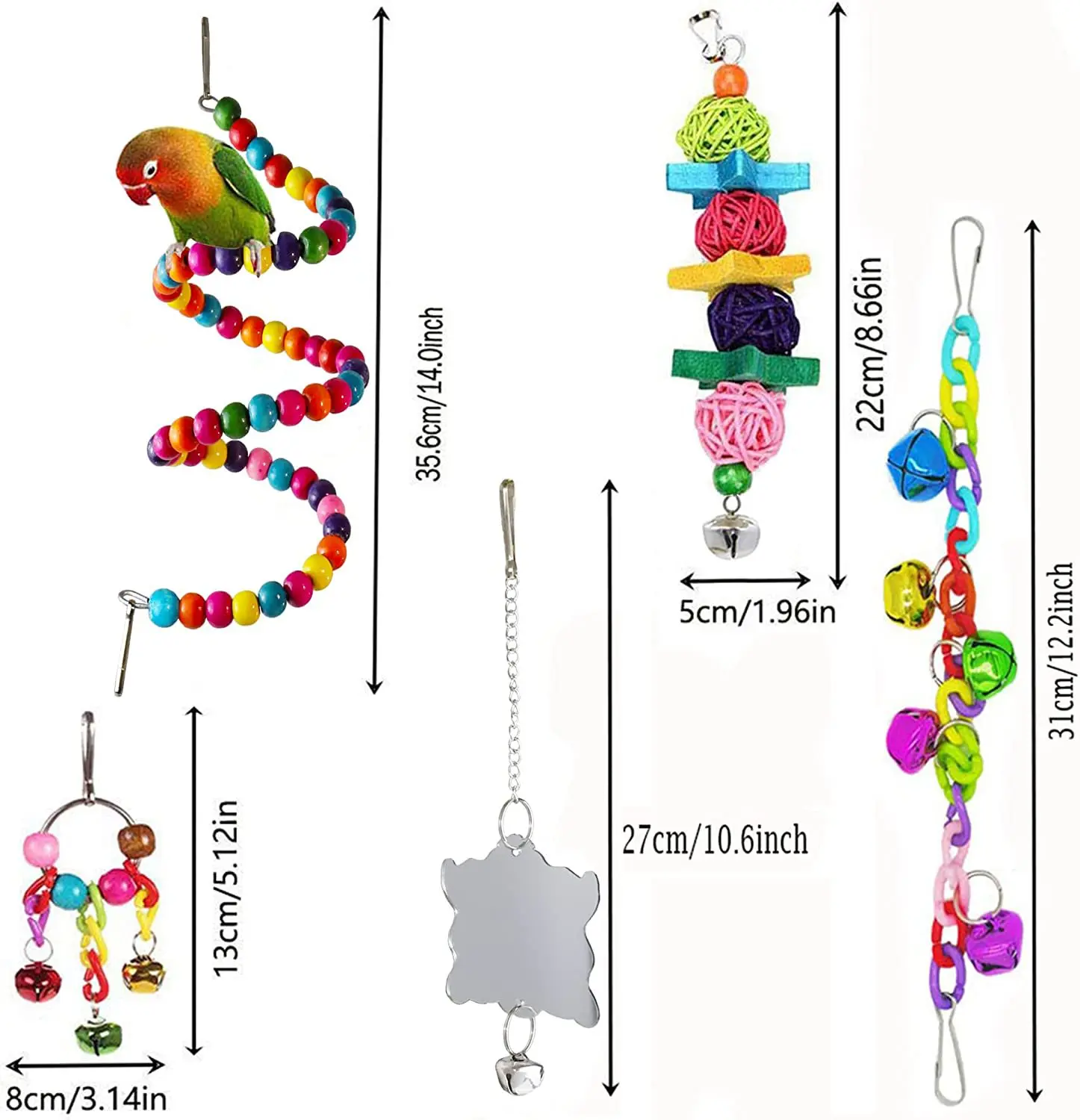 7pcs Pack Wood Parrot Toys Bird Toy Cage Bird Accessories Swing Suspension Bridge Ball Cage Bells Pet Supplies Set thumbnail 4