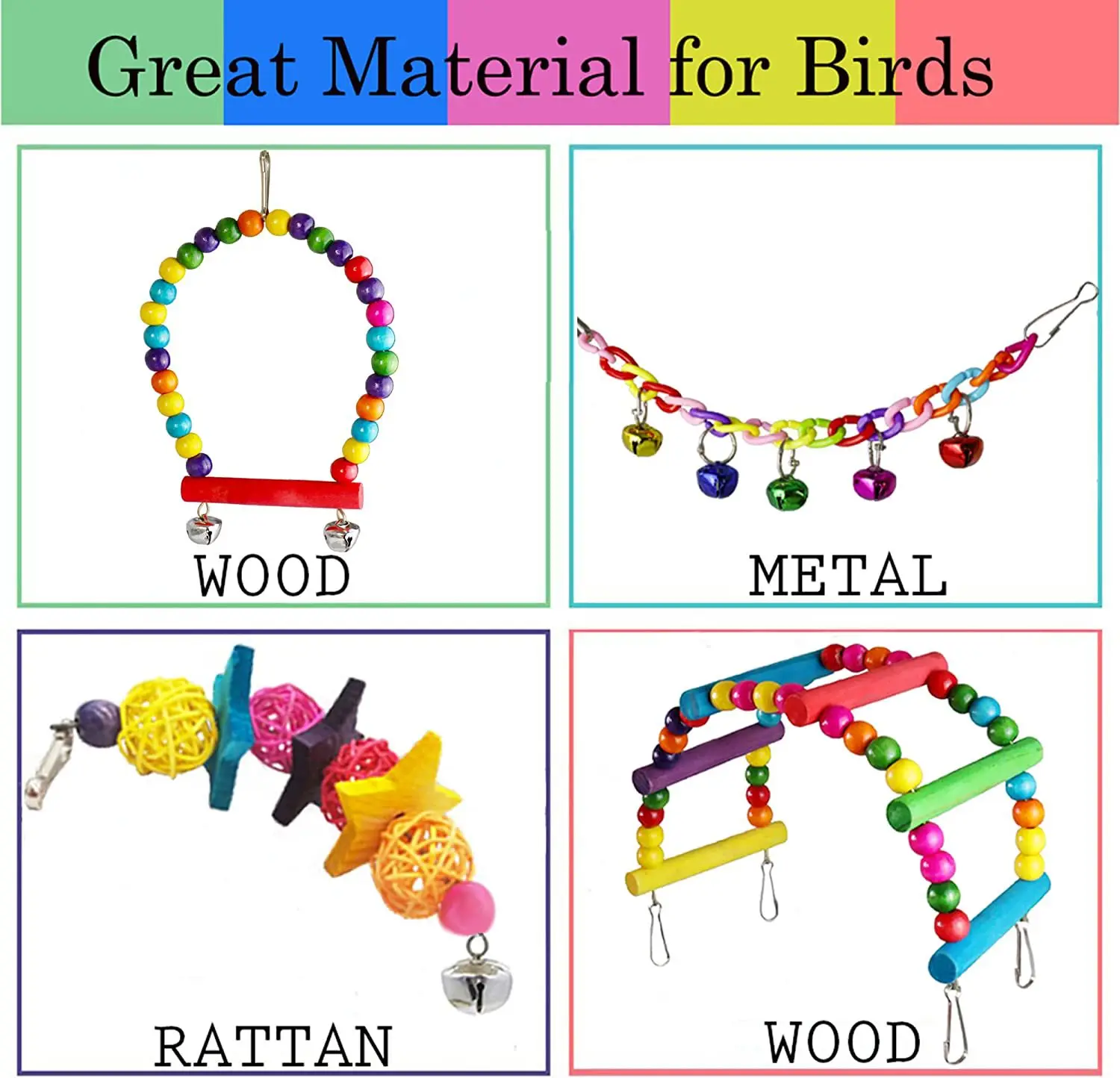 7pcs Pack Wood Parrot Toys Bird Toy Cage Bird Accessories Swing Suspension Bridge Ball Cage Bells Pet Supplies Set thumbnail 5