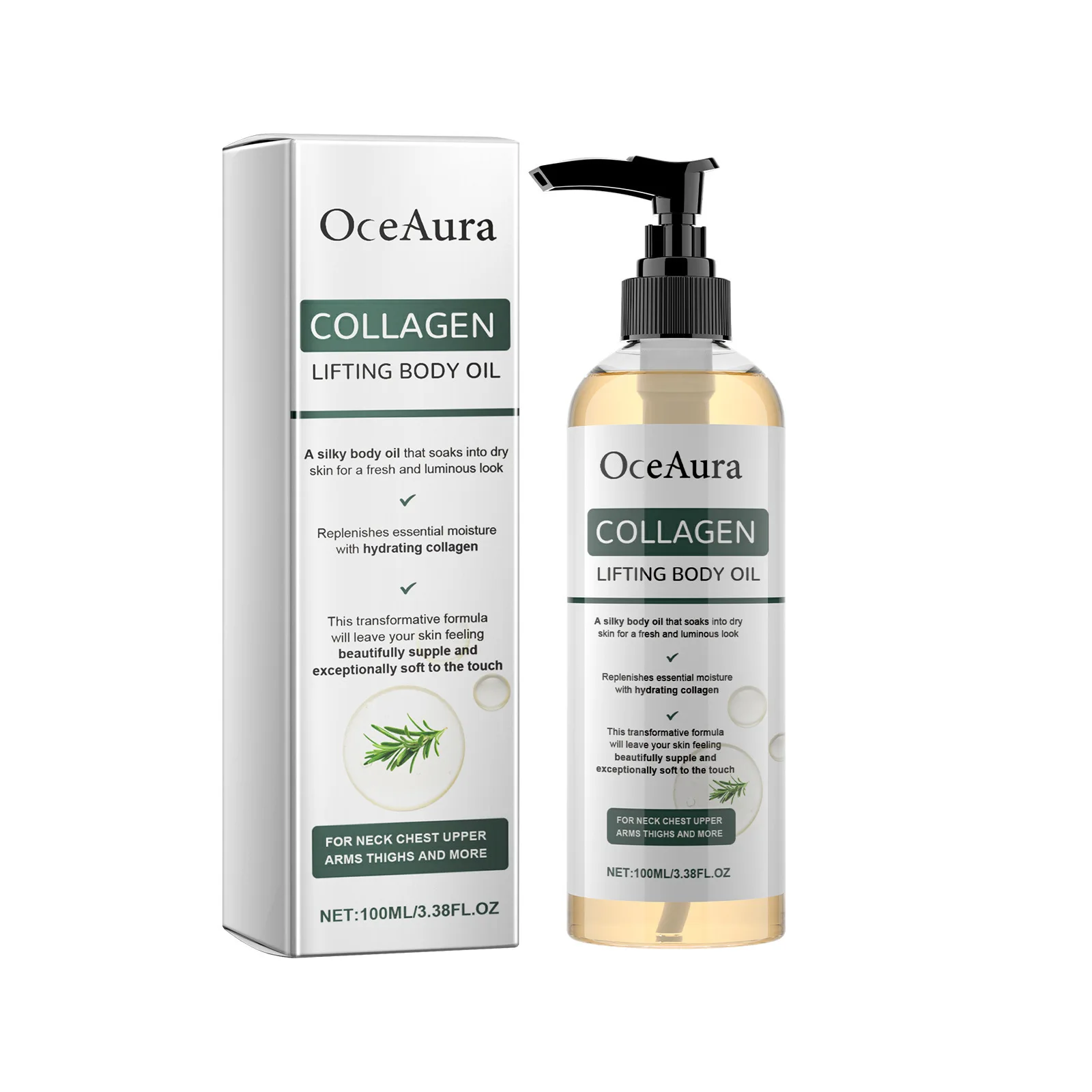 OceAura Collagen Body Oil Enhance Skin Elasticity Wrinkle Remover Cellulite Massage Care Refreshing Rosemary Lift Body Oil 100ml thumbnail 2