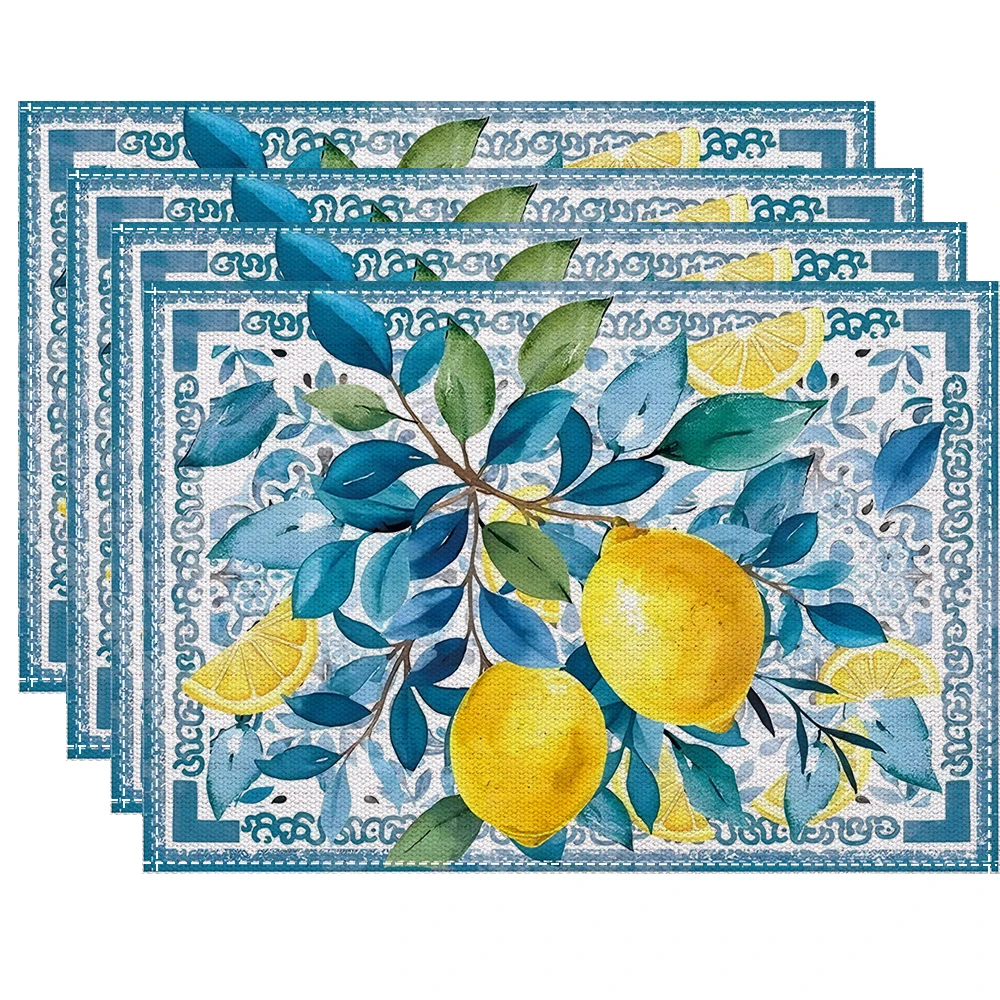 4/6/8PC Lemon Placemats Washable Linen Farmhouse Table Mat for Party Holiday Kitchen Dining Table Decoration