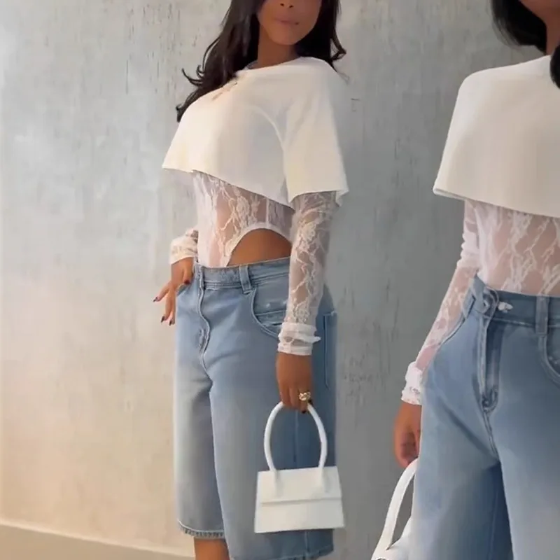 Sexy Women Crop Top+Lace Jacquard Full Sleeve Bodysuit Hottie Street Clubwear Slim Fit Wild Matching Basic Skinny Tees+Jumpsuit thumbnail 5