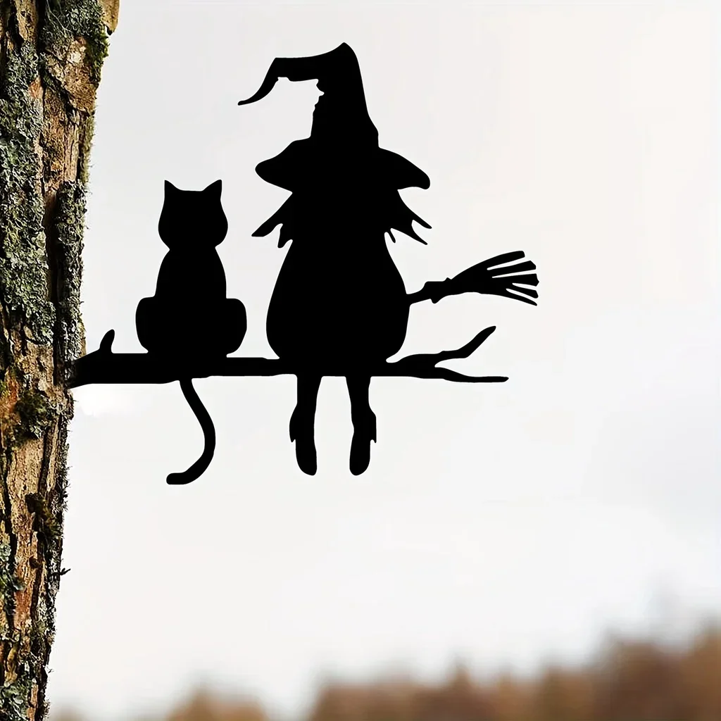 Iron Silhouette Cute Witch And Cat Garden Stake On The Branch Yard Art Decor, Tree Stump Plug-in, For Garden Lawn Courtyard thumbnail 5