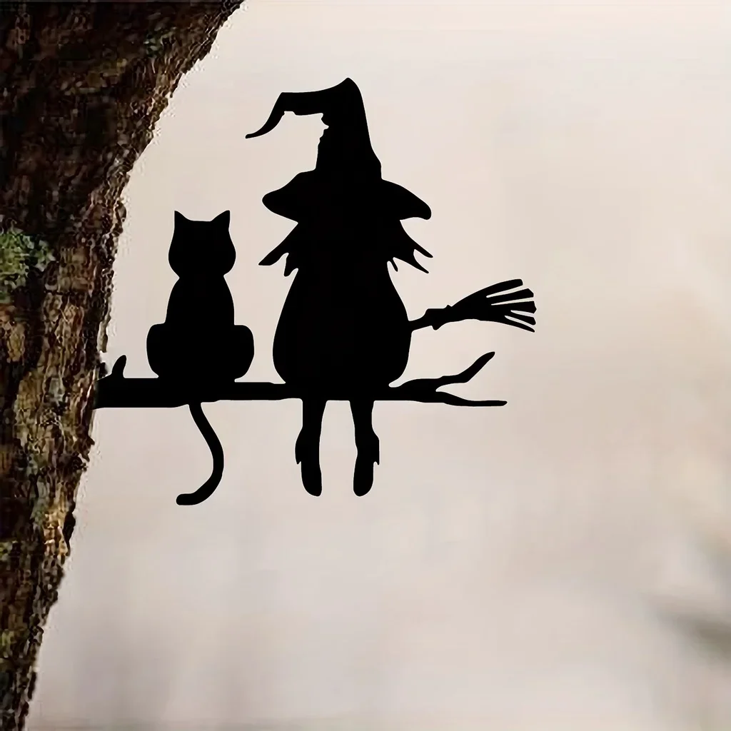 Iron Silhouette Cute Witch And Cat Garden Stake On The Branch Yard Art Decor, Tree Stump Plug-in, For Garden Lawn Courtyard thumbnail 3