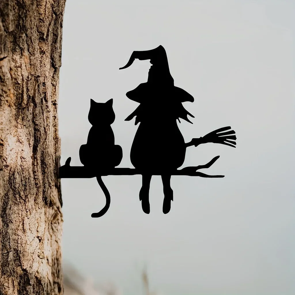 Iron Silhouette Cute Witch And Cat Garden Stake On The Branch Yard Art Decor, Tree Stump Plug-in, For Garden Lawn Courtyard thumbnail 2