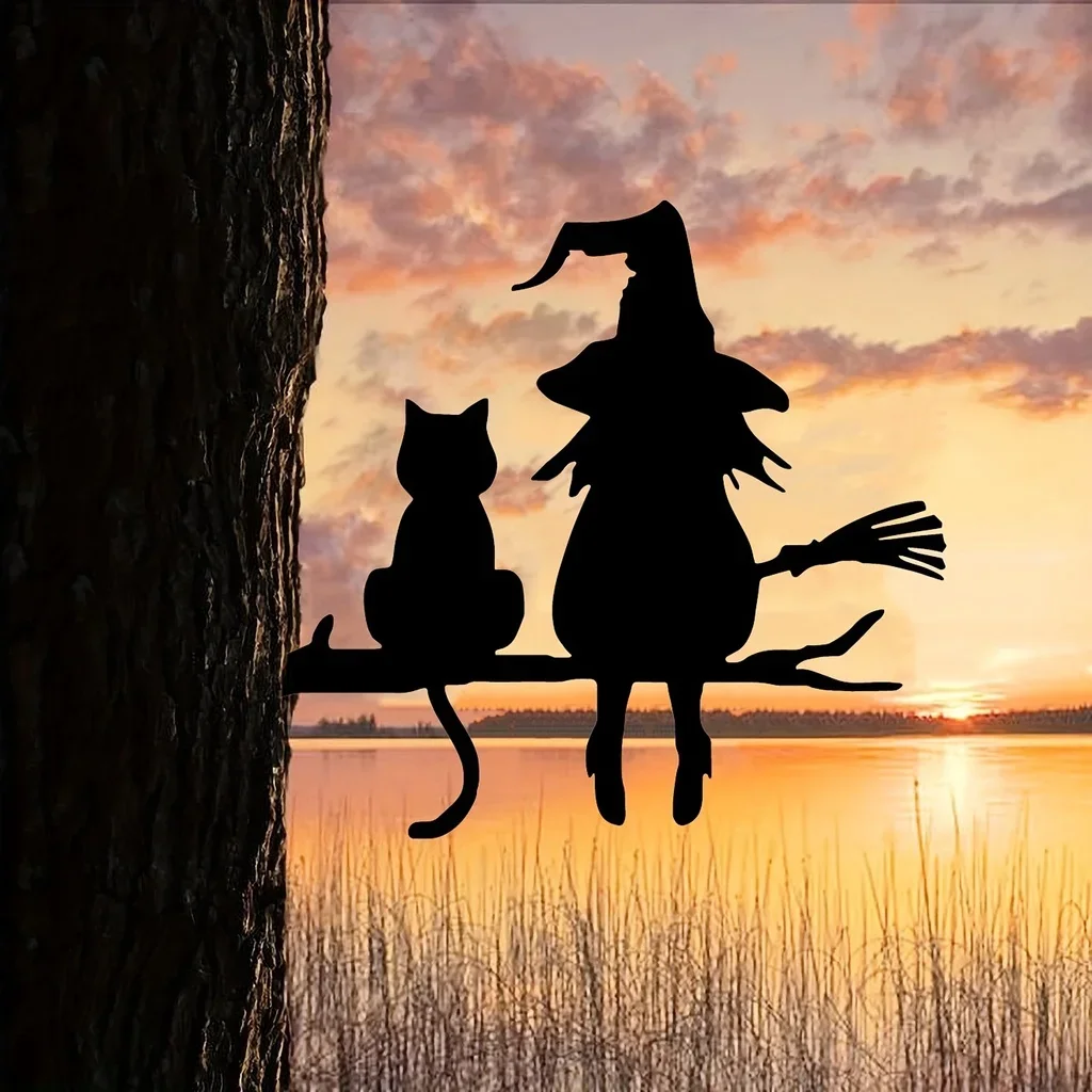 Iron Silhouette Cute Witch And Cat Garden Stake On The Branch Yard Art Decor, Tree Stump Plug-in, For Garden Lawn Courtyard thumbnail 6