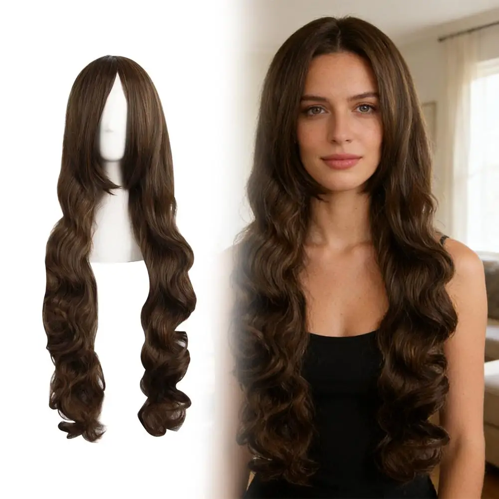 80cm Cosplay Wig Chocolate Brown Long Wave Hair Wigs Natural Looking Synthetic Lace Wigs for Daily Use Cosplay Party Salon thumbnail 3