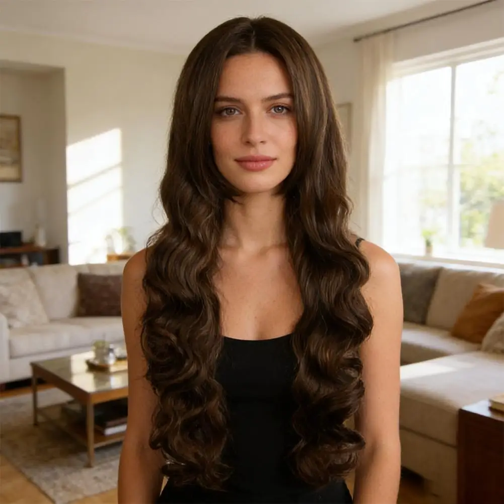 80cm Cosplay Wig Chocolate Brown Long Wave Hair Wigs Natural Looking Synthetic Lace Wigs for Daily Use Cosplay Party Salon thumbnail 5