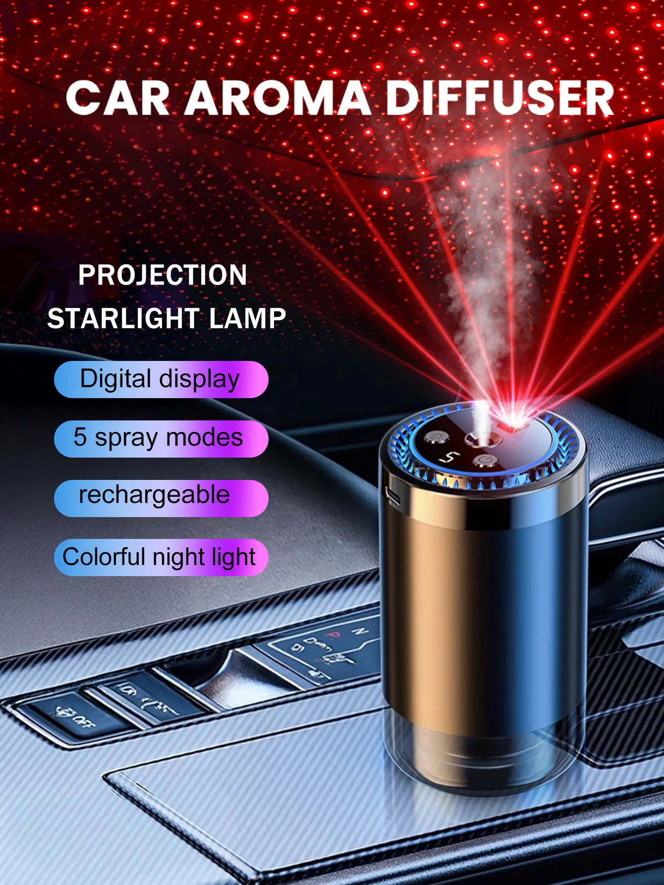 Rechargeable car aroma diffuser, aromatic essential oil, colorful lights, romantic starry sky lights, bedroom gift thumbnail 4