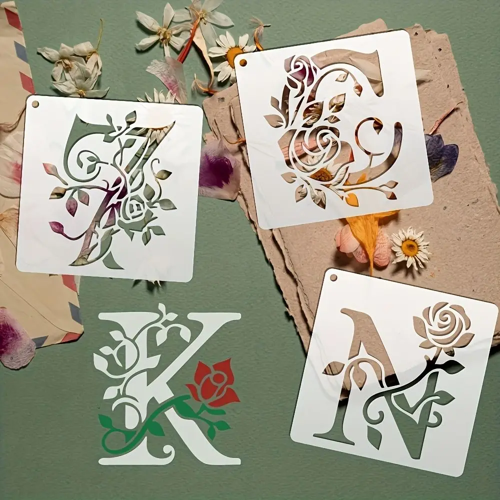 36pcs DIY Floral Alphabet Stencils Rose Letter Reusable Painting Templates Craft Supplies Hollow Graffiti Template Spray Mold