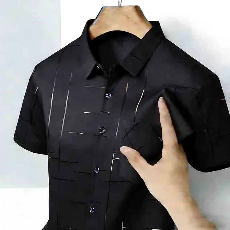 2026 High-Quality Men's Casual Fashion Shirt Short Sleeve Button-Down with Geometric Pattern thumbnail 3