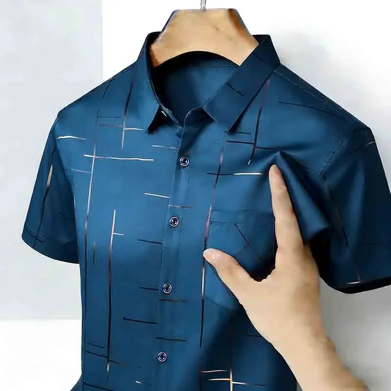 2026 High-Quality Men's Casual Fashion Shirt Short Sleeve Button-Down with Geometric Pattern thumbnail 2