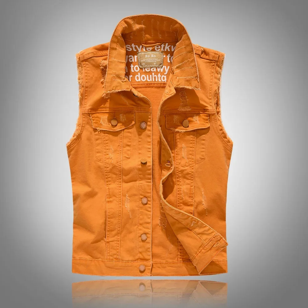 New Korean Style Sleeveless Denim Vest Orange Yellow Motorcycle Casual Vest Men's Fashionable And Comfortable Breathable