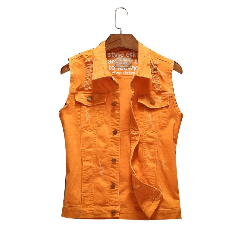 New Korean Style Sleeveless Denim Vest Orange Yellow Motorcycle Casual Vest Men's Fashionable And Comfortable Breathable thumbnail 5