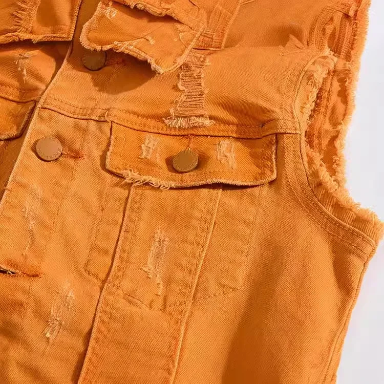 New Korean Style Sleeveless Denim Vest Orange Yellow Motorcycle Casual Vest Men's Fashionable And Comfortable Breathable thumbnail 4