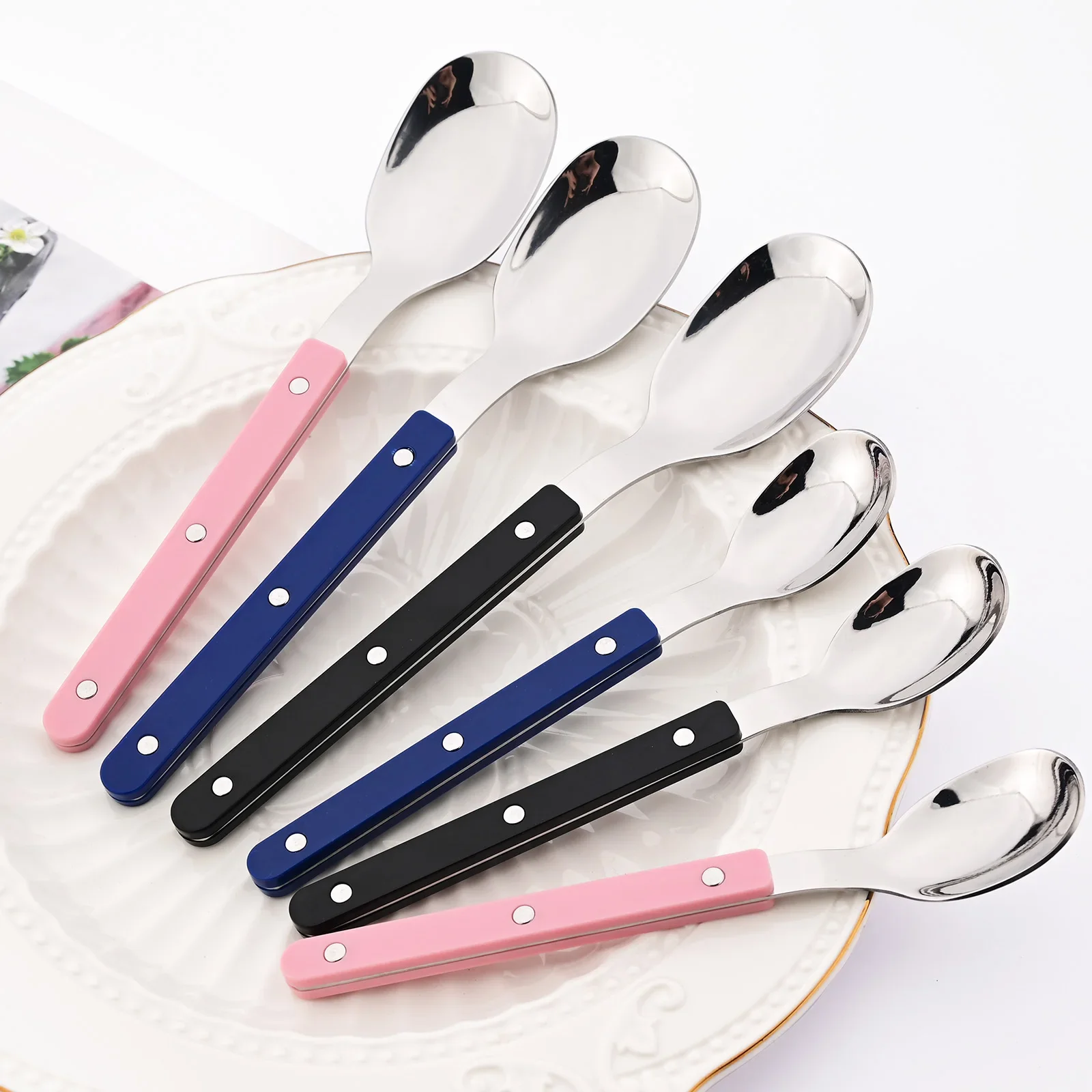 5Pcs Acrylic Handle Teaspoon Cutlery Set Stainless Steels Tableware Western Colorful Silver Dinnerware Home Kitchen Flatware Set thumbnail 3