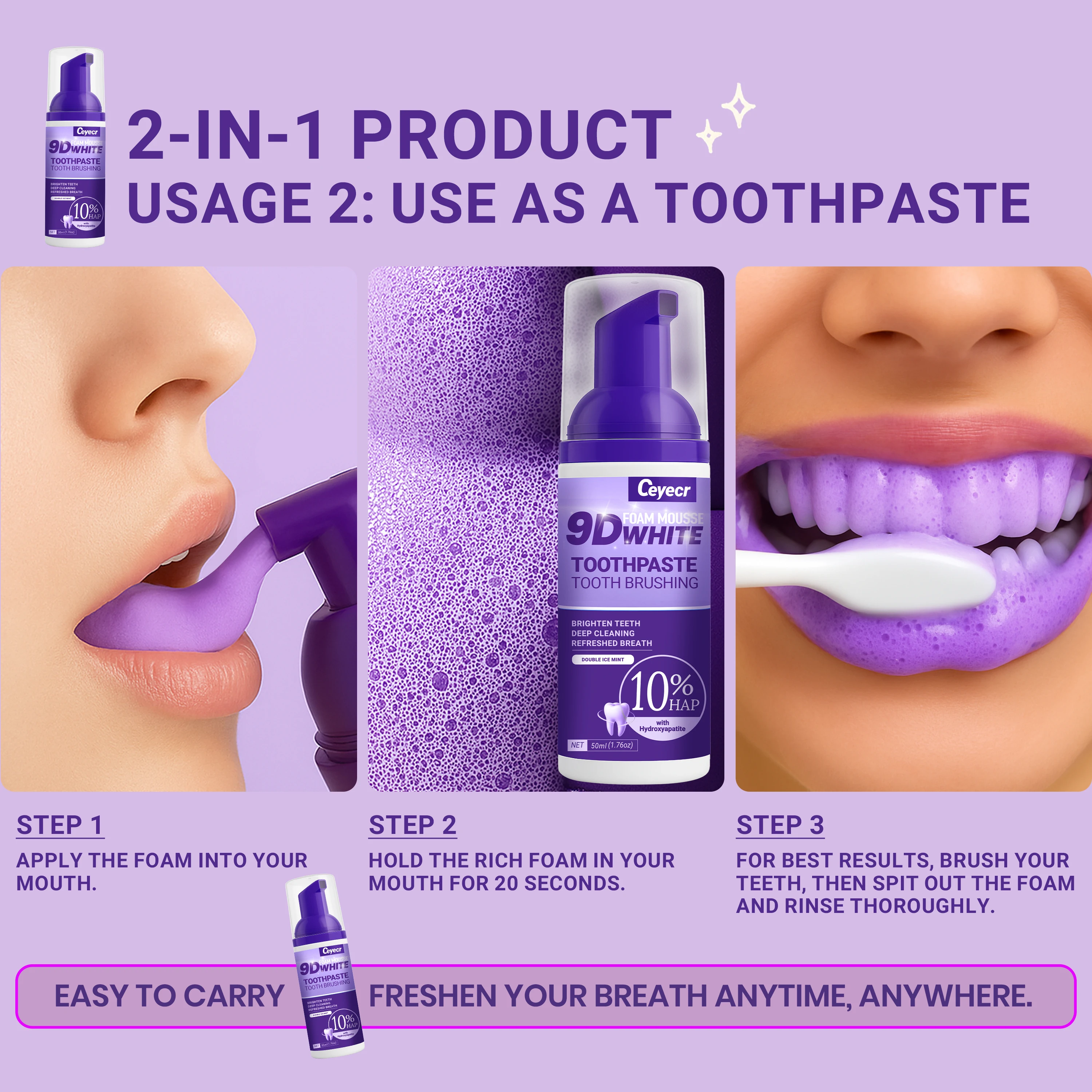 9D white Mousse Toothpaste Teeth Whitening Removing Yellow Teeth Cleaning Tooth Stain Oral Fresh Tooth Care Product thumbnail 3
