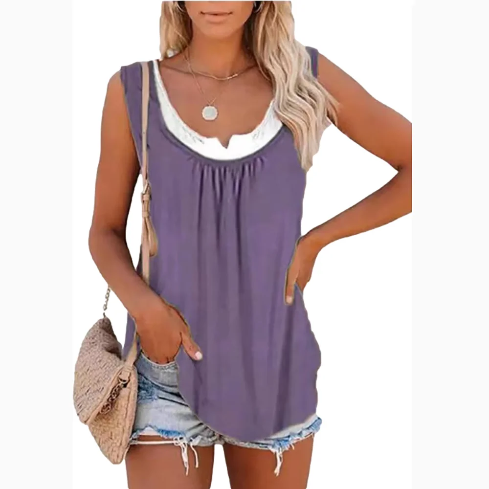 2026 Summer New Arrival Women's Two-Piece Look Sleeveless Tank Top Leaf Print Loose Casual Camisole with Pockets thumbnail 4