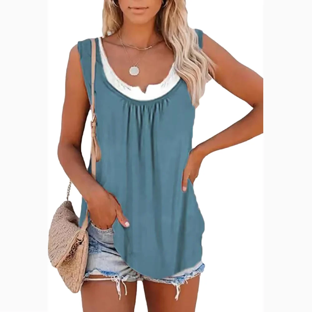 2026 Summer New Arrival Women's Two-Piece Look Sleeveless Tank Top Leaf Print Loose Casual Camisole with Pockets thumbnail 3