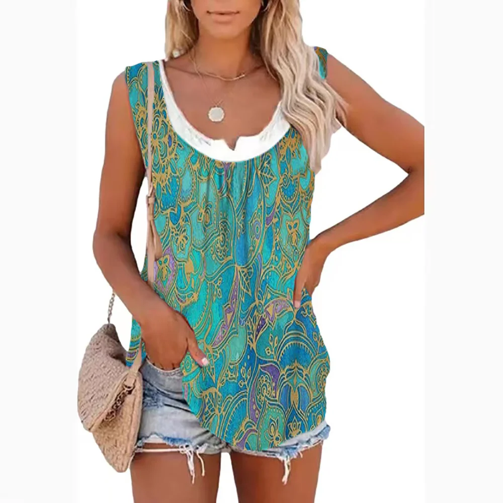 2026 Summer New Arrival Women's Two-Piece Look Sleeveless Tank Top Leaf Print Loose Casual Camisole with Pockets thumbnail 6