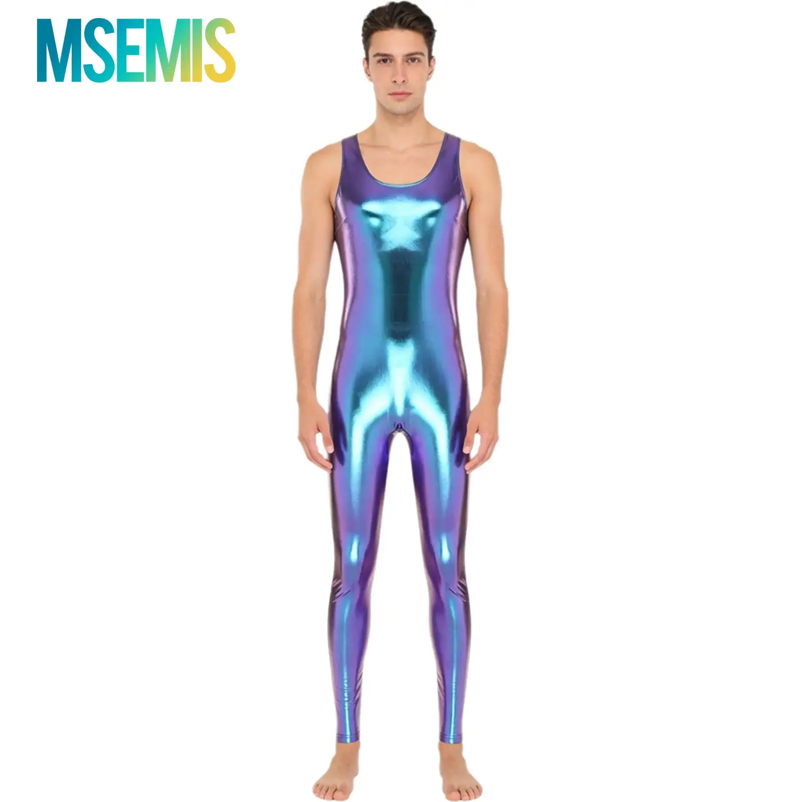 Mens One Piece Metallic Shiny Tank Unitard Jumpsuit Swimwear Back Hidden Zipper Leggings Bodybuilding Bodysuit Clubwear Costume