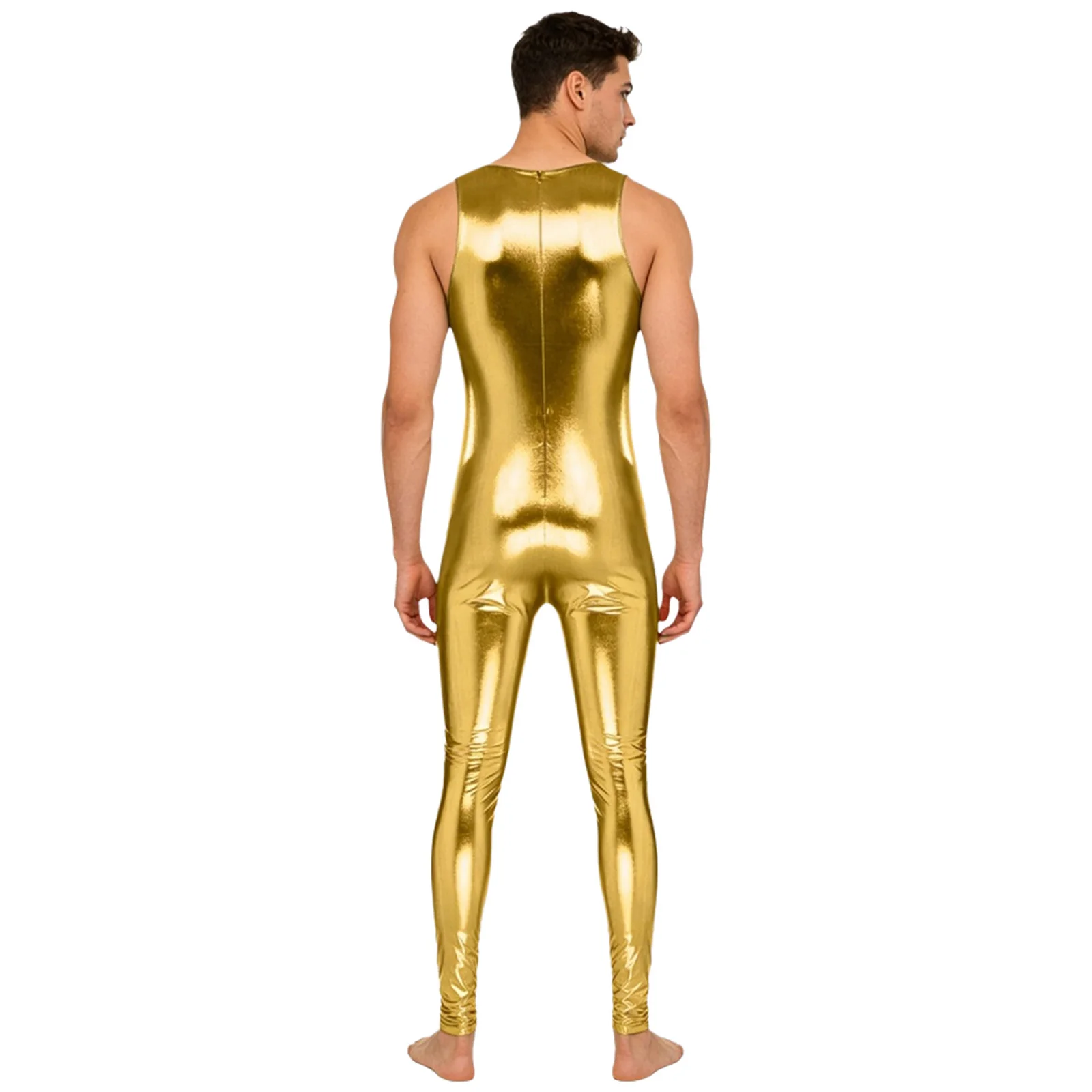 Mens One Piece Metallic Shiny Tank Unitard Jumpsuit Swimwear Back Hidden Zipper Leggings Bodybuilding Bodysuit Clubwear Costume thumbnail 4