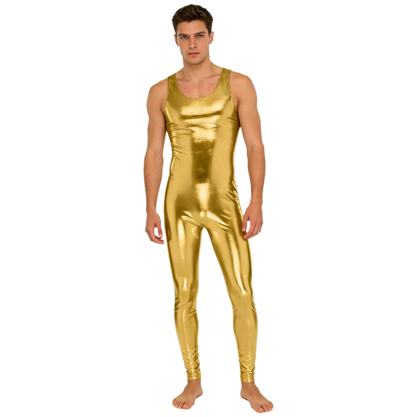 Mens One Piece Metallic Shiny Tank Unitard Jumpsuit Swimwear Back Hidden Zipper Leggings Bodybuilding Bodysuit Clubwear Costume thumbnail 3