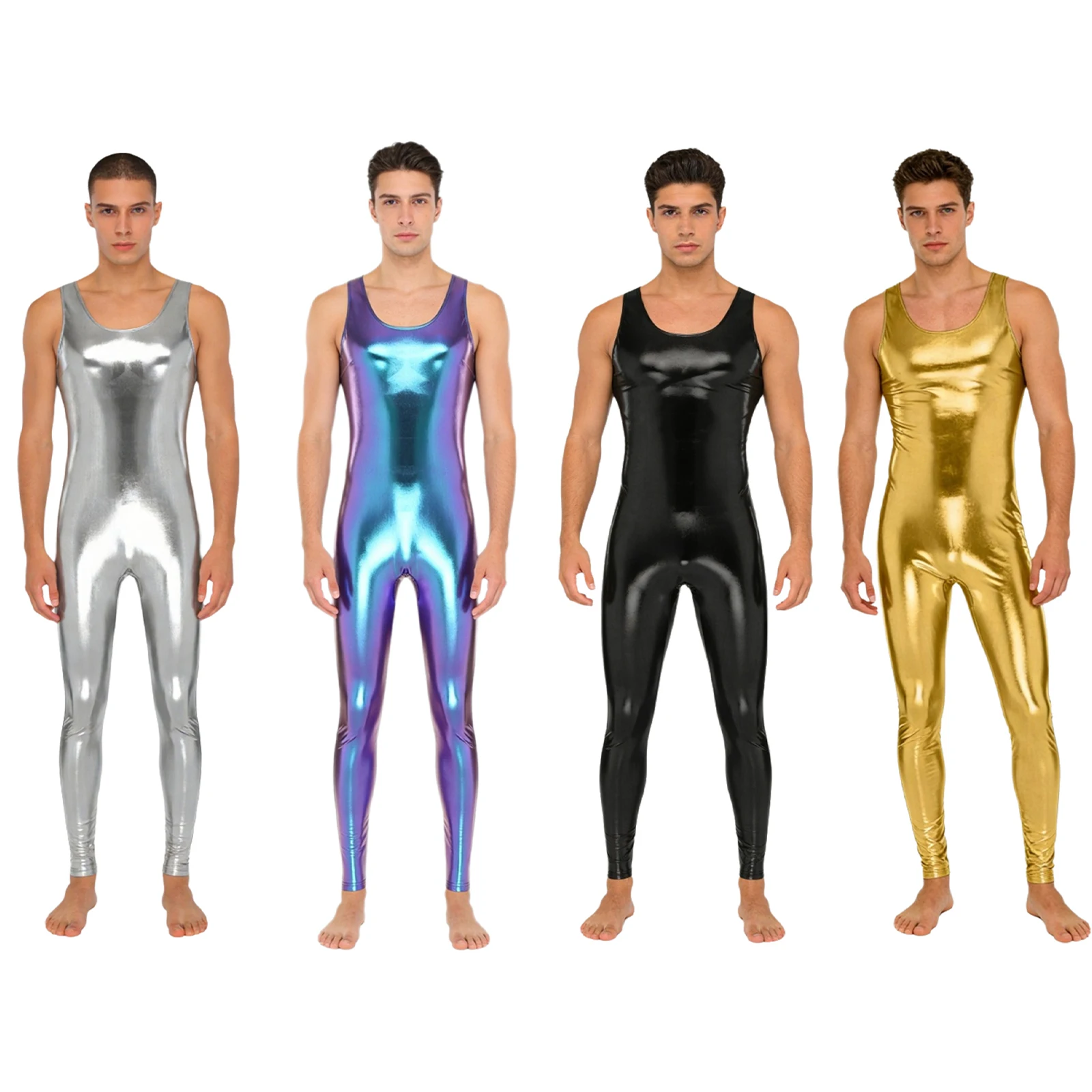 Mens One Piece Metallic Shiny Tank Unitard Jumpsuit Swimwear Back Hidden Zipper Leggings Bodybuilding Bodysuit Clubwear Costume thumbnail 5