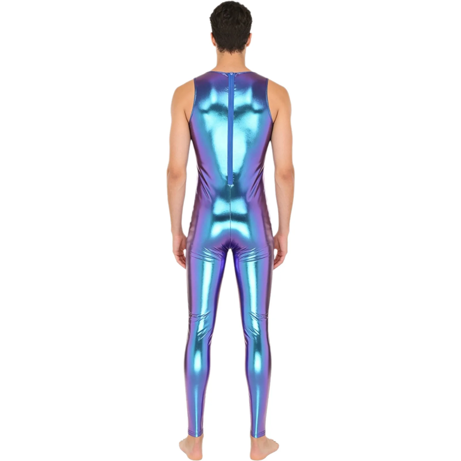 Mens One Piece Metallic Shiny Tank Unitard Jumpsuit Swimwear Back Hidden Zipper Leggings Bodybuilding Bodysuit Clubwear Costume thumbnail 2