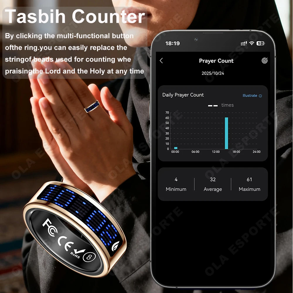 Call ID Reminder Smart Ring Display Screen and Touch,Tasbih Counter,Health Manager,5ATM Waterproof Multiple Sport Mode Men Women thumbnail 6