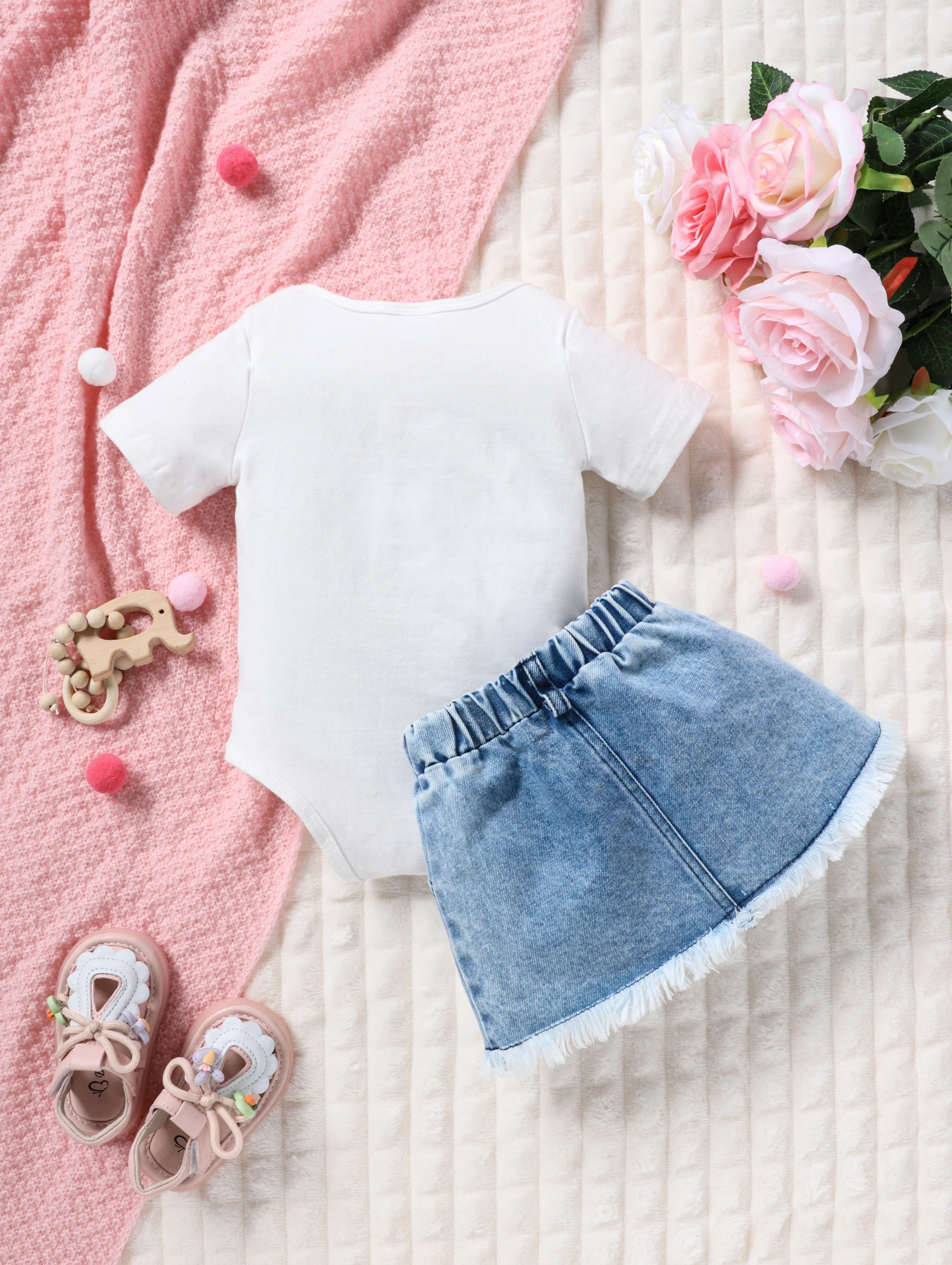 Summer Infant Girl's Sweet Two-Piece Set Leopard Strawberry Rabbit Print Short Sleeve Top with Frayed Denim Mini Skirt Outfit thumbnail 2