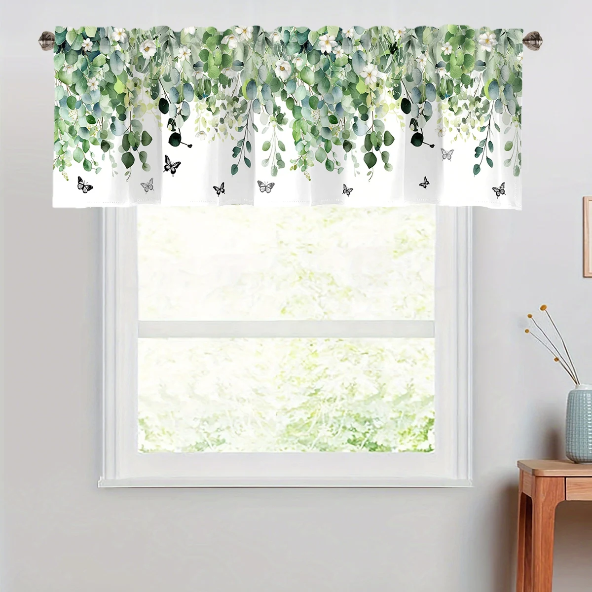 Green Eucalyptus Leaves Printed Valance 45*140cm Spring Leaves Window Short Curtain Treatment Farmhouse Living Room Home Decor thumbnail 2