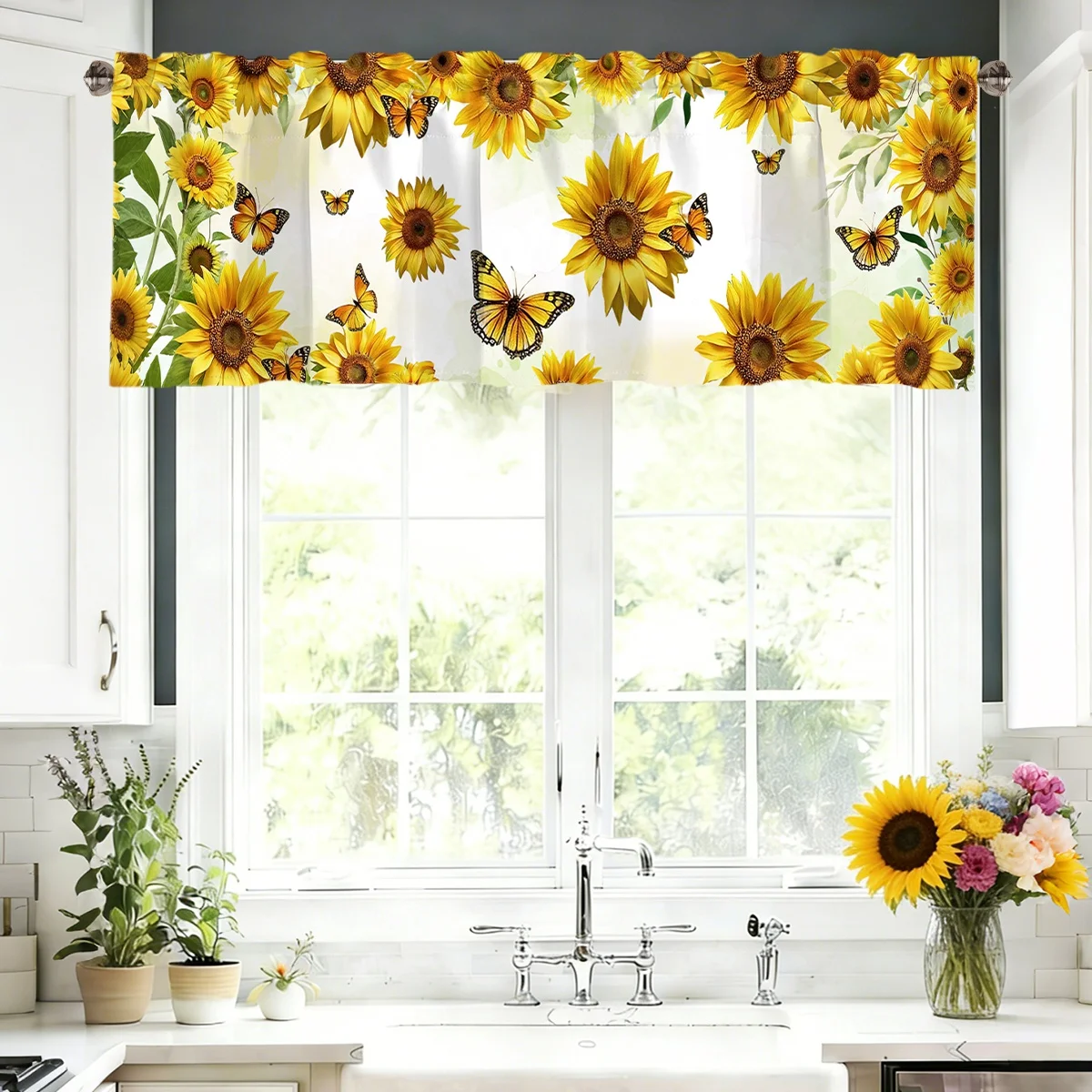 Sun Flower Printed Window Short Curtain Spring Flower Valance Treatment Farmhouse Home Decor Living Room Kitchen Decoration