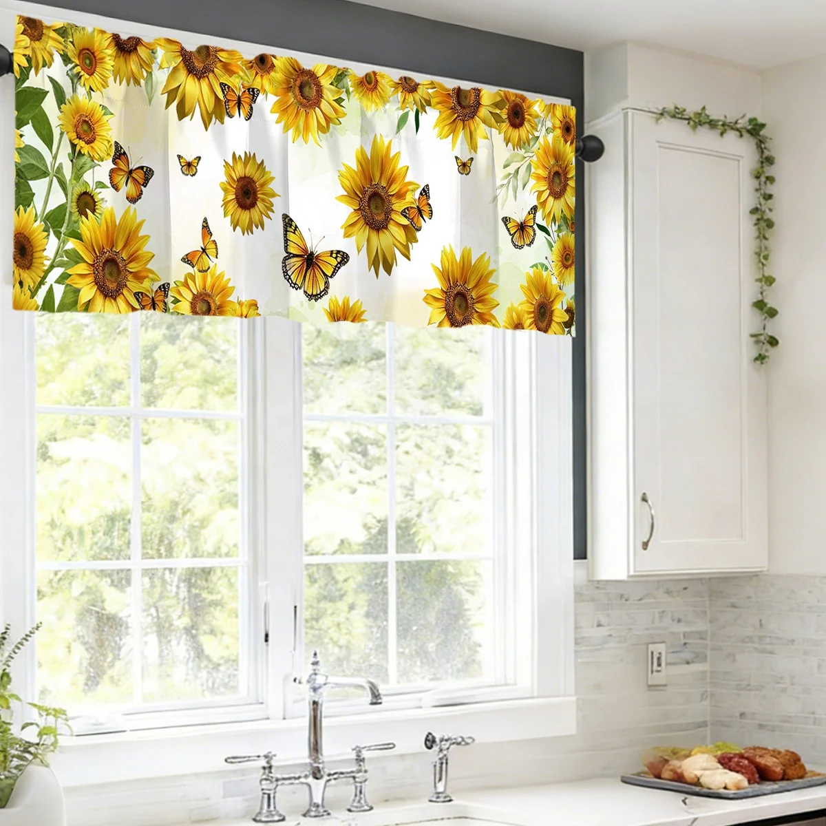 Sun Flower Printed Window Short Curtain Spring Flower Valance Treatment Farmhouse Home Decor Living Room Kitchen Decoration thumbnail 3