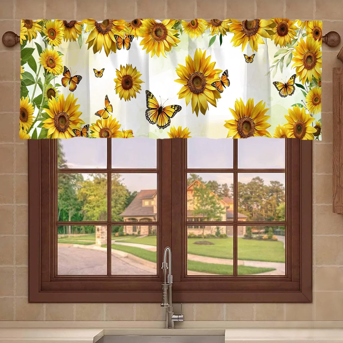 Sun Flower Printed Window Short Curtain Spring Flower Valance Treatment Farmhouse Home Decor Living Room Kitchen Decoration thumbnail 2