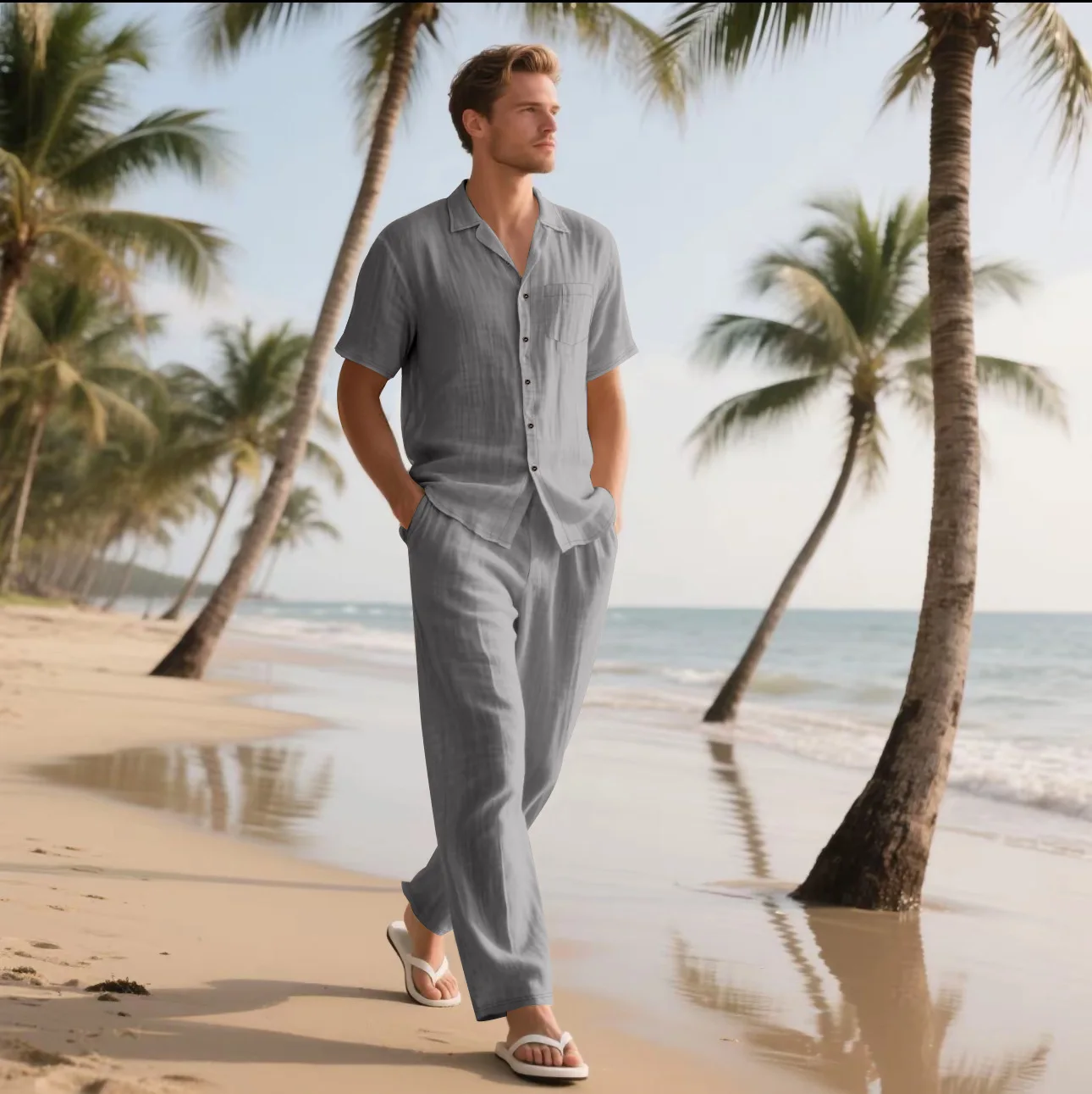 Summer men's new linen casual comfortable loose breathable luxury minimalist beach short-sleeved long pants set thumbnail 4