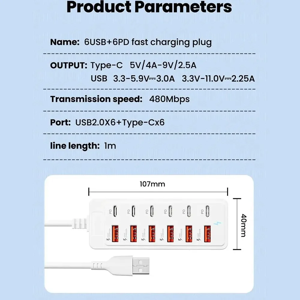 12 in 1 Power Strip Desktop Charging Station  Socket Fast Charging 1m Cord USB HUB Adapter Fast USB Charger for Home Office thumbnail 6
