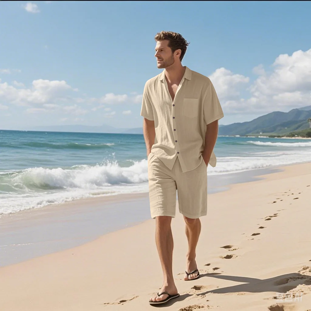 Summer men's new linen loose-fitting, versatile, comfortable, breathable and quick-drying beach short-sleeved short pants set thumbnail 5
