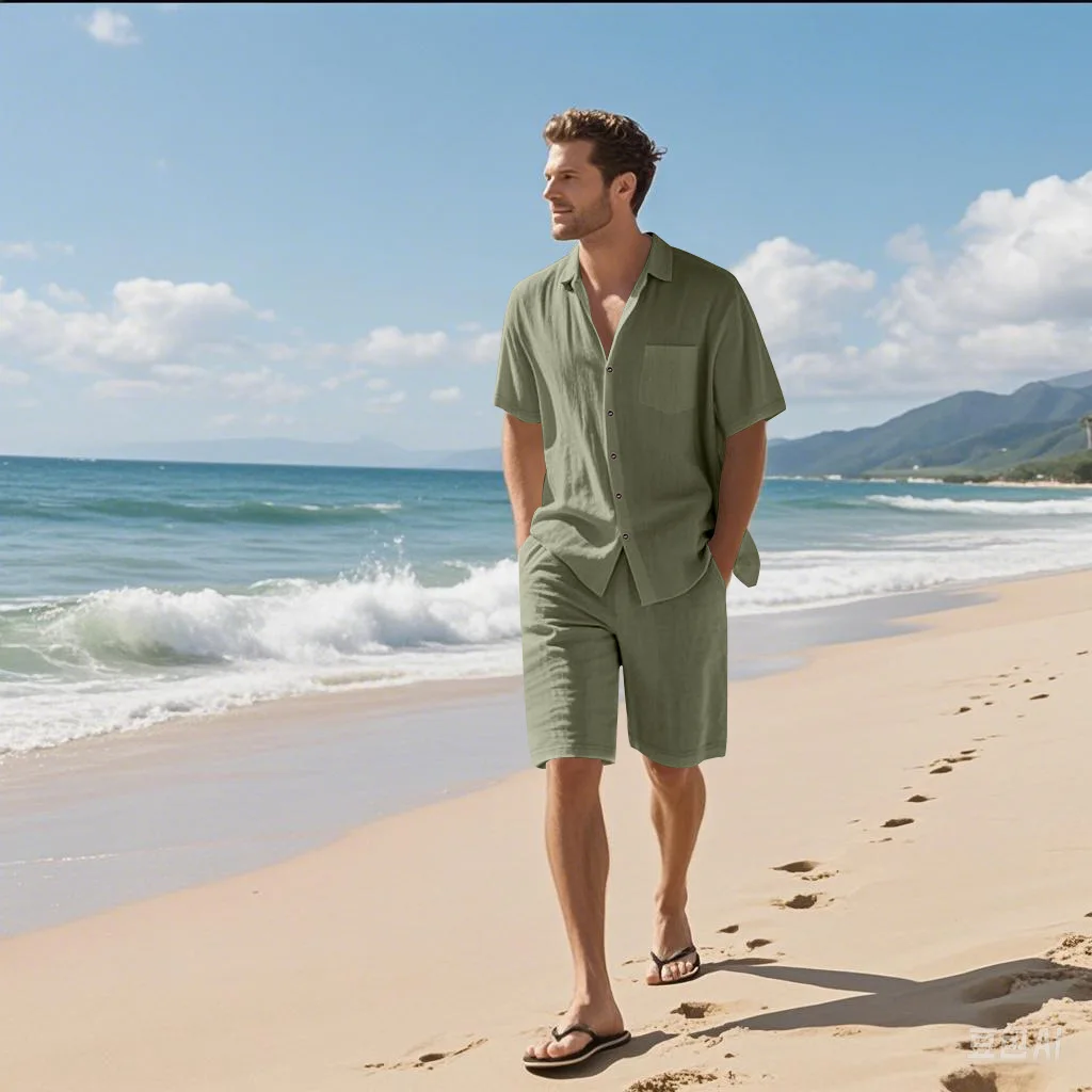 Summer men's new linen loose-fitting, versatile, comfortable, breathable and quick-drying beach short-sleeved short pants set thumbnail 4