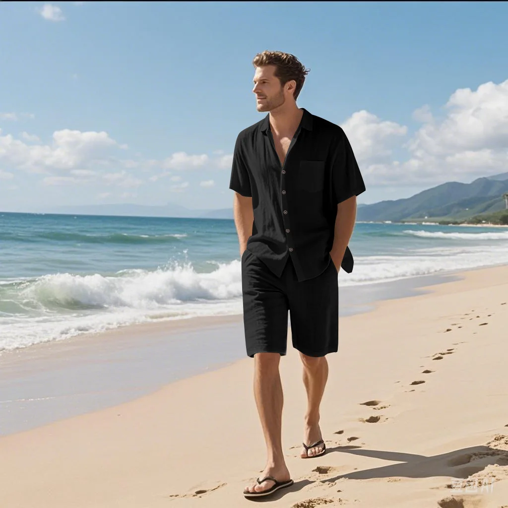 Summer men's new linen loose-fitting, versatile, comfortable, breathable and quick-drying beach short-sleeved short pants set thumbnail 3