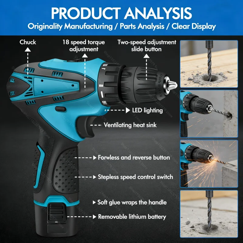 12V Cordless Electric Drill Kit Screwdriver Functions Compact Wireless Power Tool Lithium-Ion Battery for Home DIY and Repairs thumbnail 5
