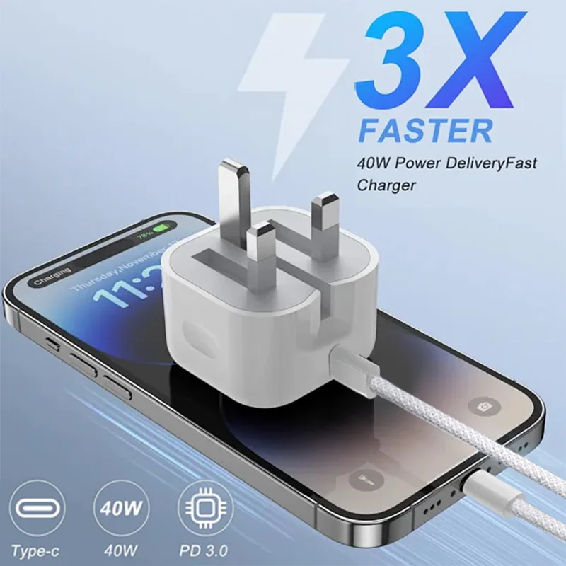 PD 40W For Apple USB C Fast Charger For iPhone 17 16 15 14 13 12 Pro Max Type C Quick Charging Cable UK Plug Phone Accessories thumbnail 3