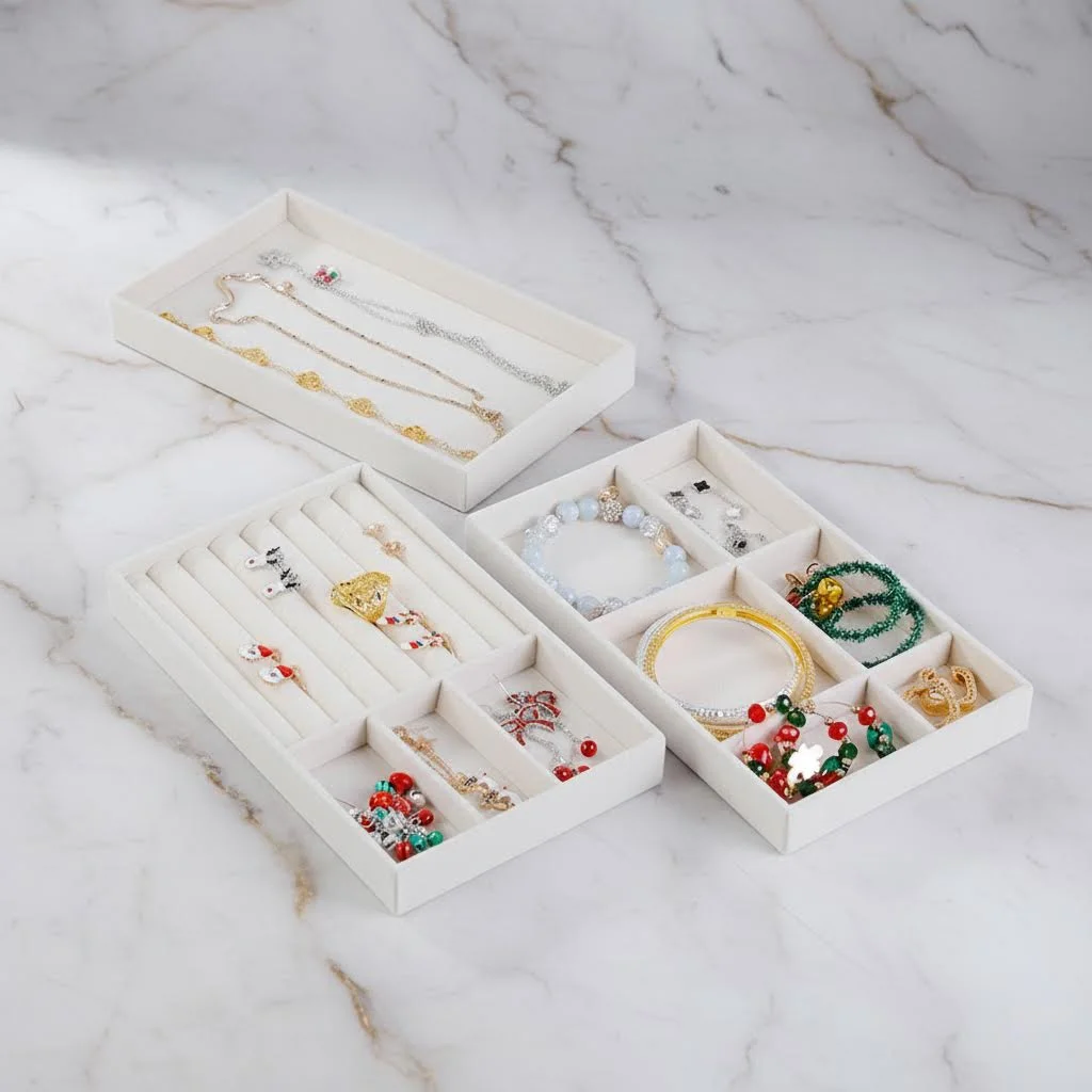 1PC Flocking Jewelry Box Jewelry Tray, Color: Beige thumbnail 2