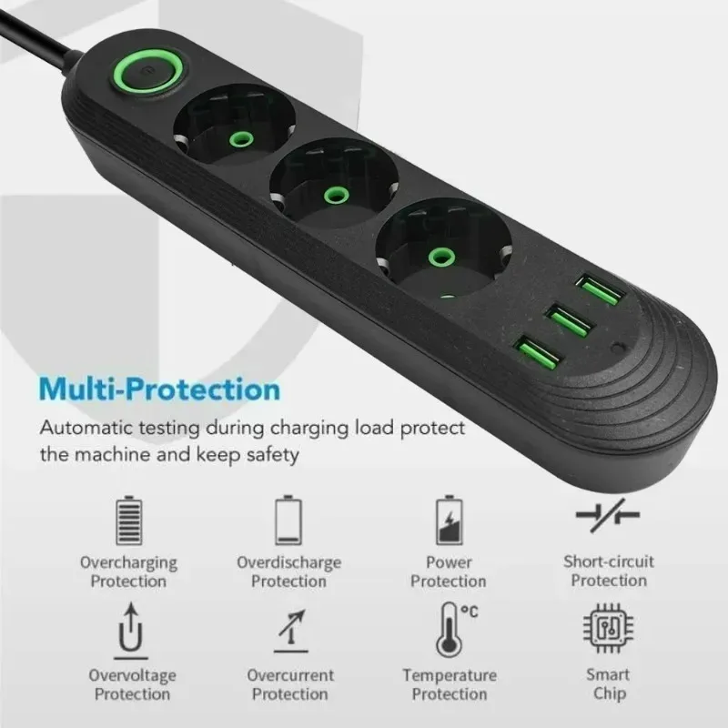Power Strip Multitap Socket 2500W EU Plug AC Outlets Independent Network Filter Socket With USB Charging Ports 2M Extension Cord thumbnail 2