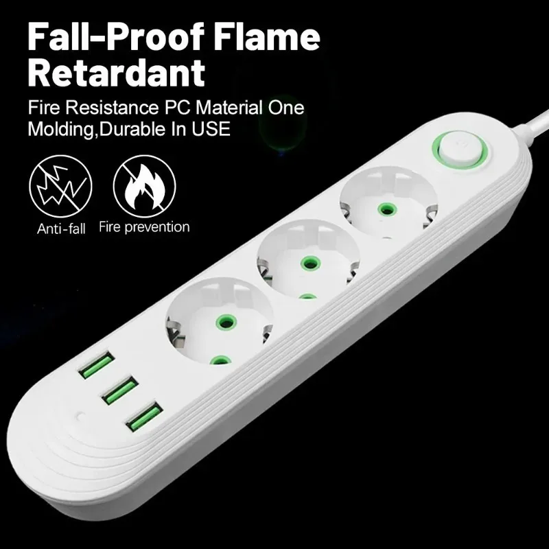 Power Strip Multitap Socket 2500W EU Plug AC Outlets Independent Network Filter Socket With USB Charging Ports 2M Extension Cord thumbnail 4