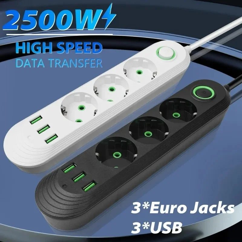 Power Strip Multitap Socket 2500W EU Plug AC Outlets Independent Network Filter Socket With USB Charging Ports 2M Extension Cord
