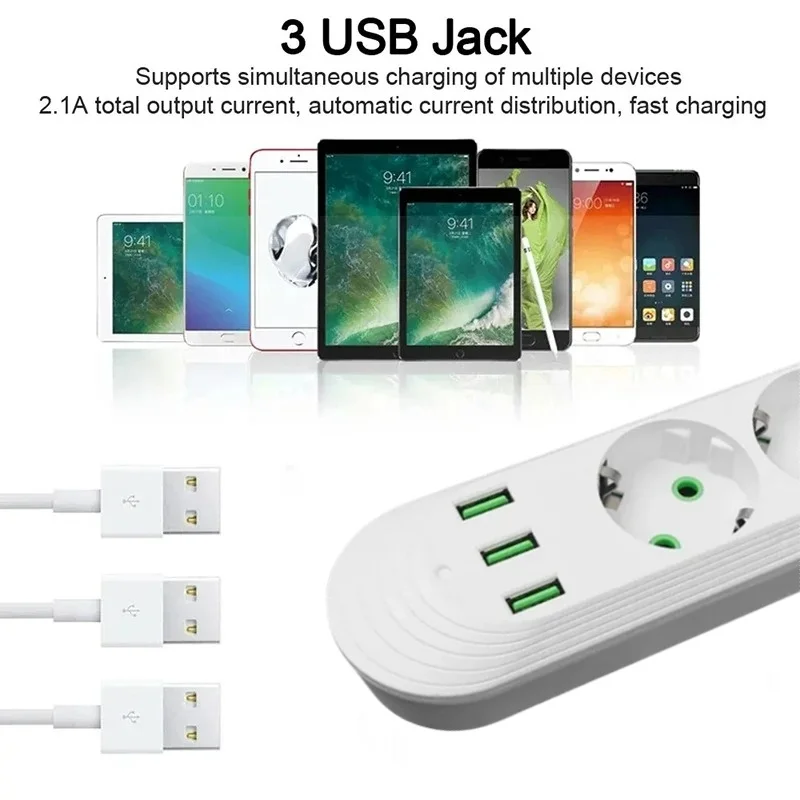 Power Strip Multitap Socket 2500W EU Plug AC Outlets Independent Network Filter Socket With USB Charging Ports 2M Extension Cord thumbnail 5