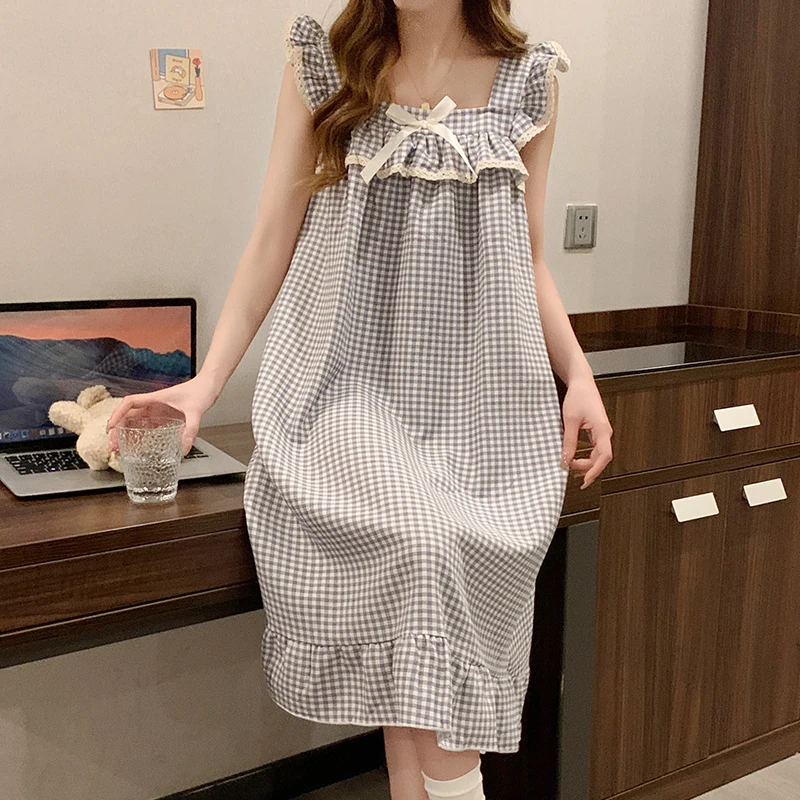 Strap Nightgown Harajuku Style Women's Pajamas Bow Plaid Sweet Cute Nightdress Kawaii Summer 2026 New Loungewear Home Wear thumbnail 5