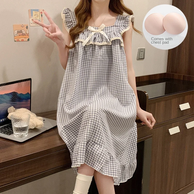 Strap Nightgown Harajuku Style Women's Pajamas Bow Plaid Sweet Cute Nightdress Kawaii Summer 2026 New Loungewear Home Wear thumbnail 4