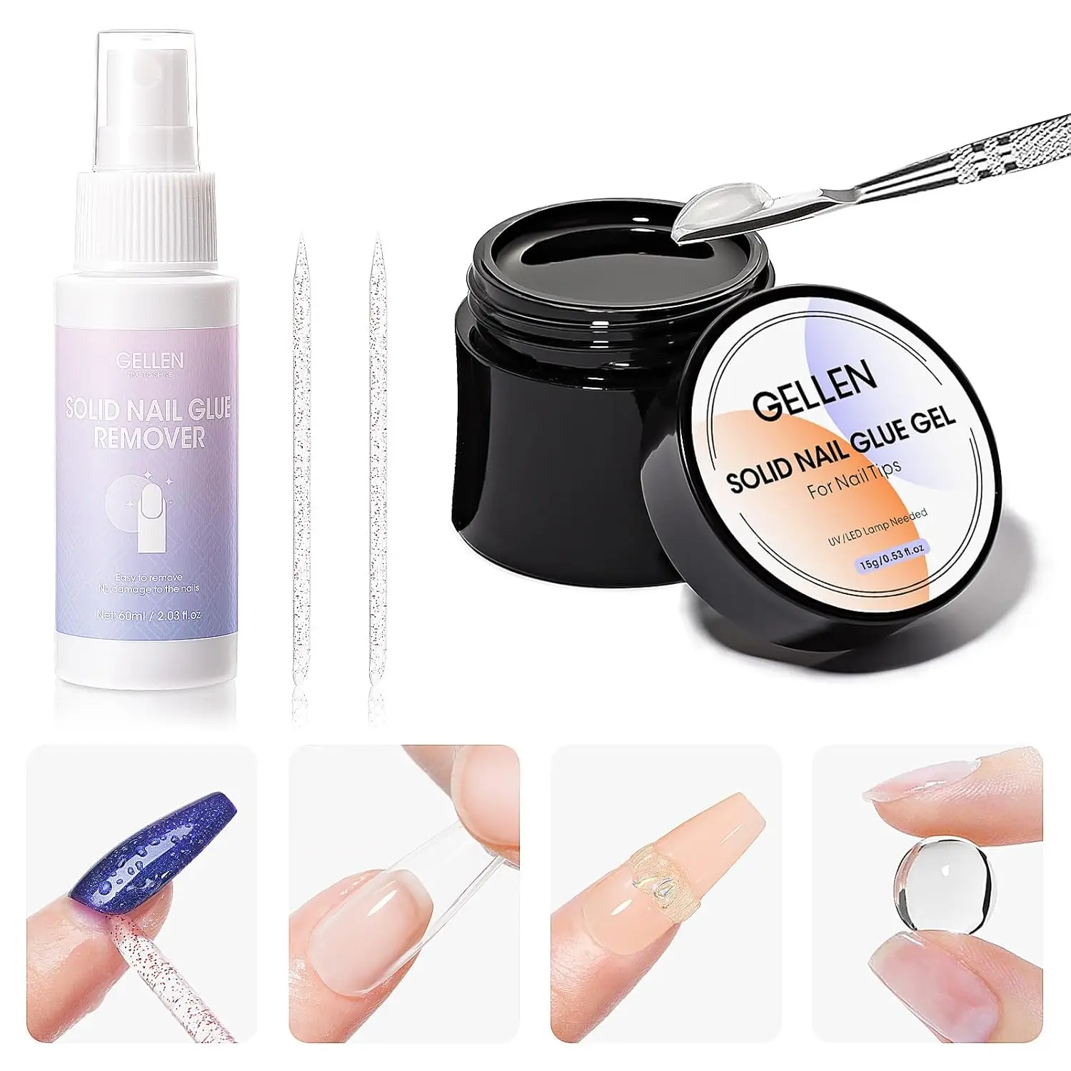 GELLEN Nail Remover Solid Glue Gel Set Strong Adhesive for Press on Nails Acrylic Tips Kit Salon Professional DIY Manicure