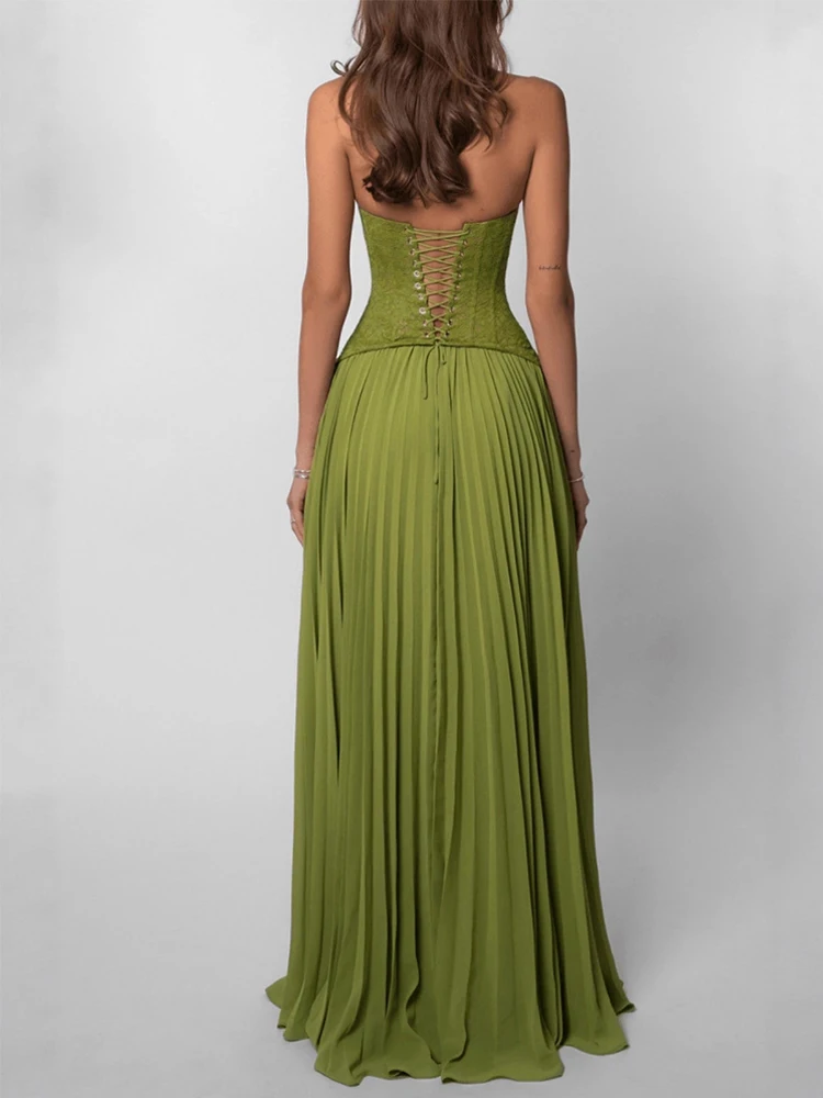 Green Corset Halter Long Dress Women Backless Off Shoulder Pleated Patchwork Slim Maxi Dress 2026 Summer Lady Party Evening Gown thumbnail 3